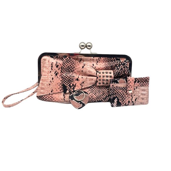 Embossed Snakeskin Faux Leather Clutch Set Pink Card Holder Key Fob Set of 3 - Picture 1 of 13